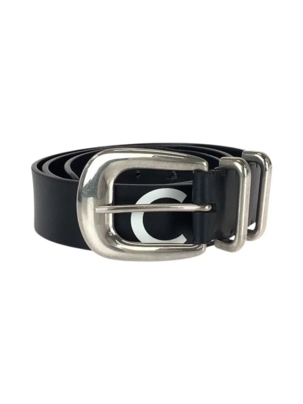 Celine Logo Print Western 90 Black White Silver Leather Belt